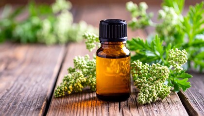Amber bottle of herbal oil, fresh sprigs