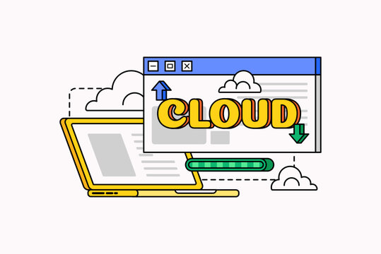 Vector illustration of cloud computing concept with a laptop, browser window, upload and download arrows, and loading bar  for tech-related content, data storage, or IT services