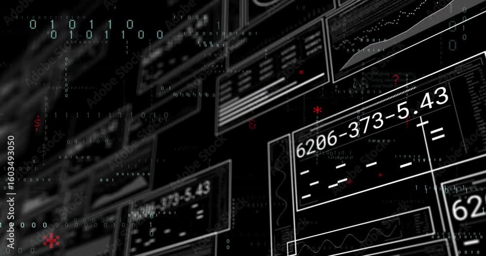 Poster camera panning over binary field initiating panels focusing updating and code revealing interface
