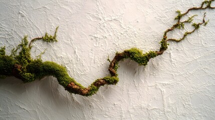 Curved moss-covered twig on textured white plaster wall.

