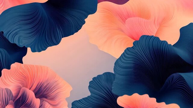 Abstract floral design with layered forms in shades of peach and navy