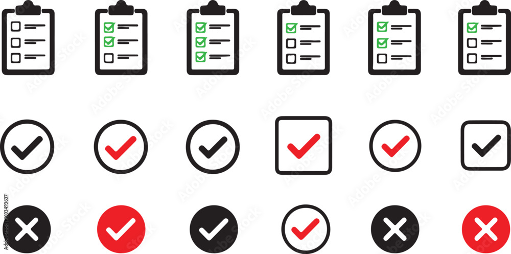 Poster collection of check mark and cross mark icons isolated on transparent background