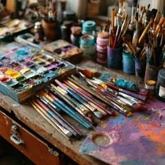 A rustic wooden artist's table strewn with paintbrushes, palettes, and paint containers, showcasing a vibrant and messy workspace