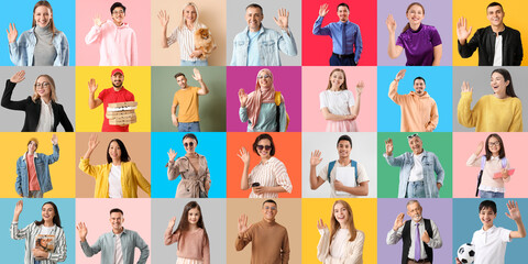 Collage of different people waving hands on color background © Pixel-Shot