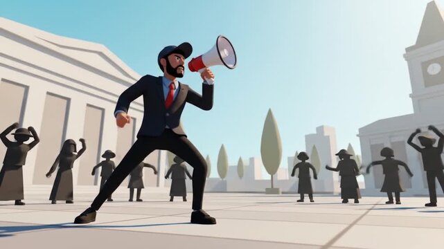 Animated Leader with Megaphone Addressing Crowd in City Square, Cartoon Style
