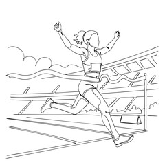Woman runner crossing finish line with raised arms on stadium. Sport success concept. Continuous line art vector illustration