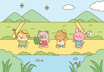 Obraz premium Cute animal friends on a summer vacation. A boy, a cat, a bear, and a rabbit are enjoying a refreshing trip by the river, with mountains and clouds in the background, perfect for a cheerful summer day