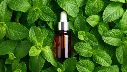 Amber bottle with dropper sits amidst fresh mint leaves