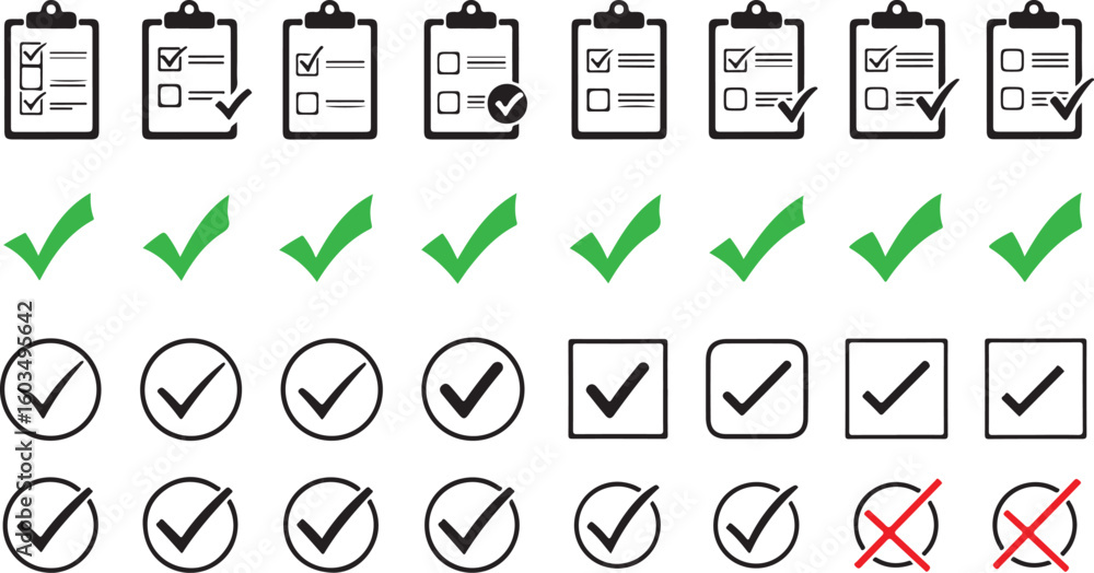 Poster collection of checkmarks and clipboard icons isolated on transparent background