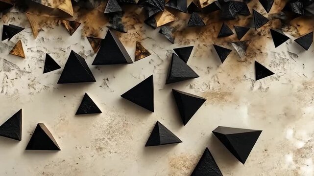 Abstract design of overlapping triangles in brown and black, on a textured white background