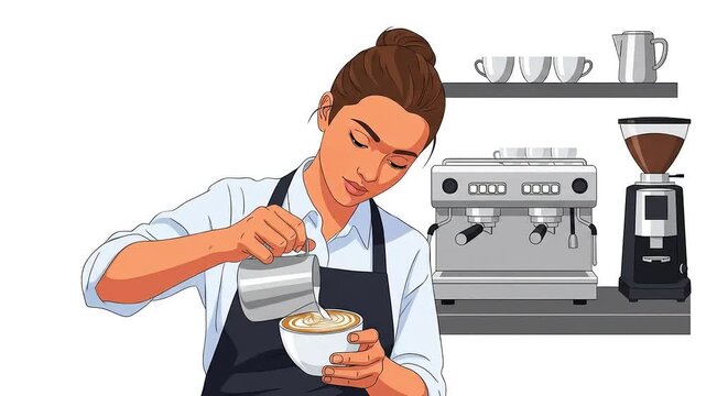 Preparing Latte Art Female Barista Pouring Milk into Coffee
