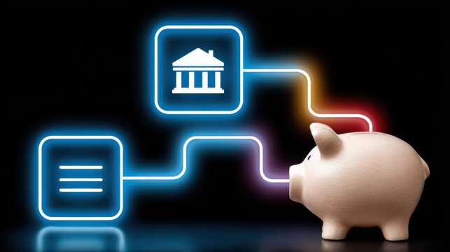 Piggy bank connected to a bank and documents via a glowing circuit. This symbolizes financial connections and savings.