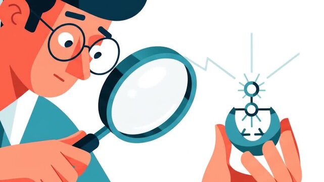 Animated Man with Magnifying Glass Examining Glowing Network Icon in Detail Video