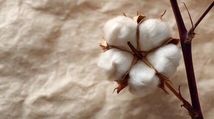 Close-up of fluffy cotton boll on crumpled beige fabric.

