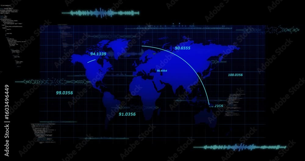 Poster control panel appearing, world map sending data arcs and pulsing code visualizing network flow