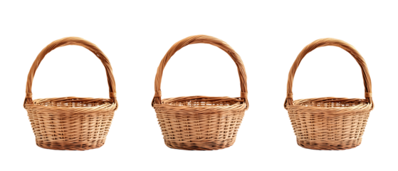 Three Wicker Baskets in Brown Tones Isolated on Transparent Background Displaying Woven Texture and Rustic Design
