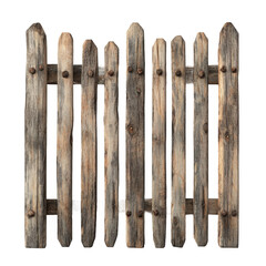 Rustic wooden fence with vertical slats, set against a neutral background, ideal for garden design