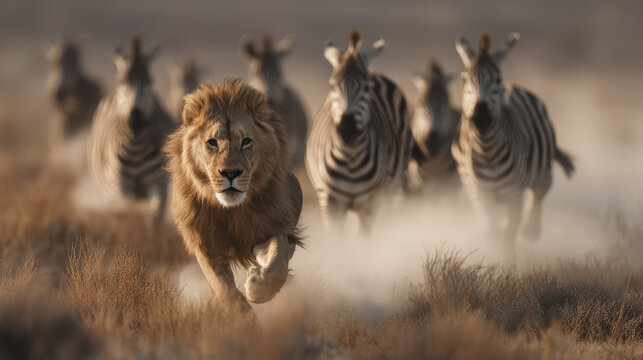 A lion chasing a group of zebras in a dry grassland, capturing the thrill of the hunt and wildlife survival