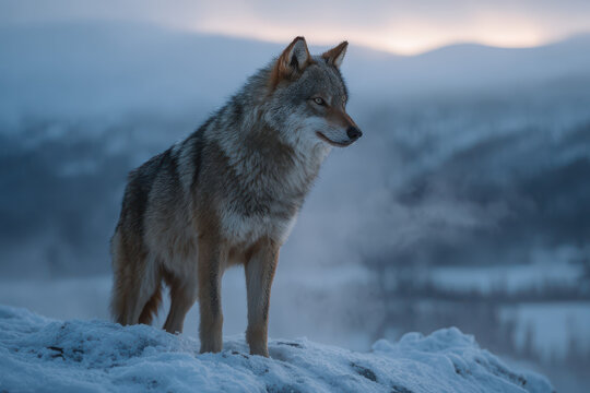 A solitary coyote gazes out upon a snowy landscape, its expression suggesting contemplation. The photograph evokes a sense of solitude and tranquility in the frosty expanse