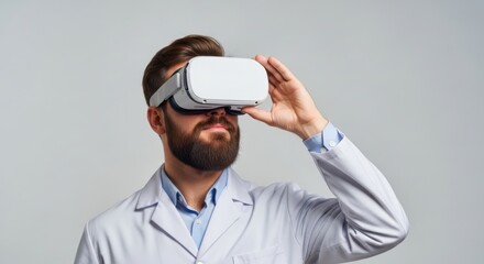 A man wearing a virtual reality headset and a lab coat, looking into the future of technology