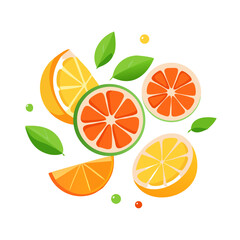 Fresh citrus halves and green leaves are scattered on a clean white surface, creating a vibrant and refreshing natural fruit composition.