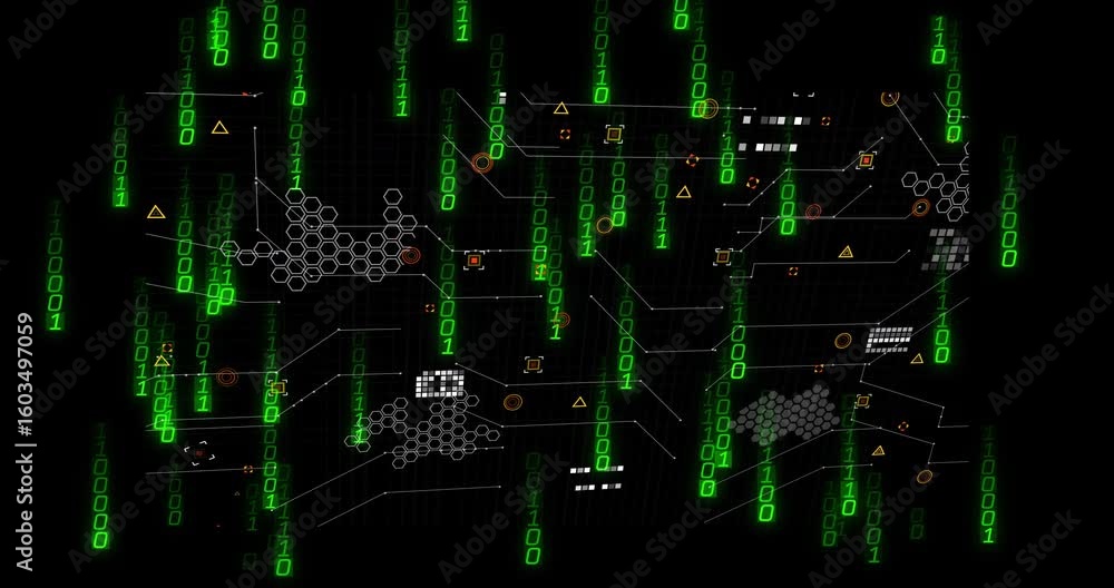 Poster after green binary drop, network animating code, linking hex-cell nodes visualizing connectivity