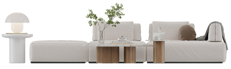 Front view of modern minimalist sofa set with marble coffee tables and decorative objects on transparent background