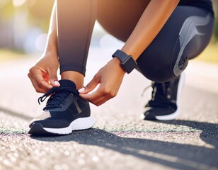 Hands, runner or tie shoes in street for cardio training, running exercise and fitness workout in footwear.
