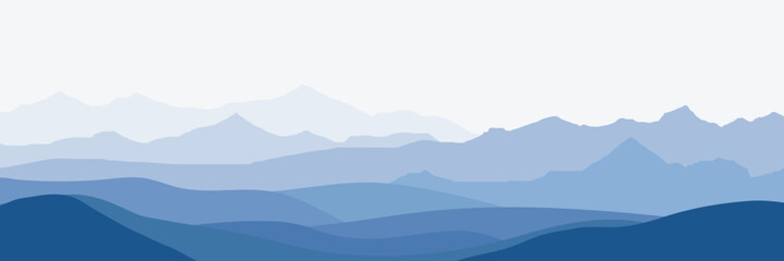 Vector illustration of mountains, ridge in the morning haze, panoramic view