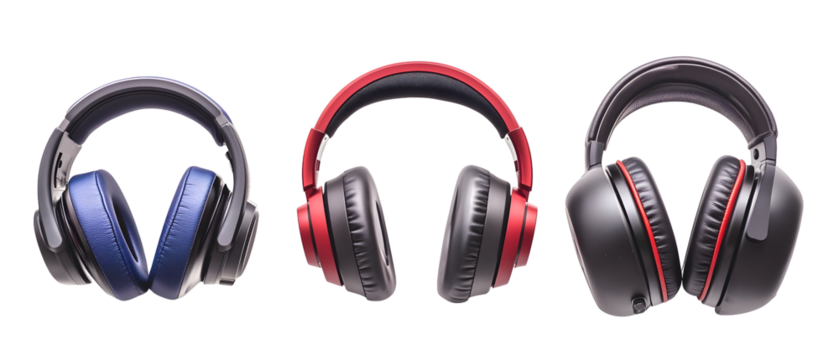 Three Gaming Headsets Isolated on Transparent Background with Distinct Color Schemes including Black Red and Blue Details - Powered by Adobe
