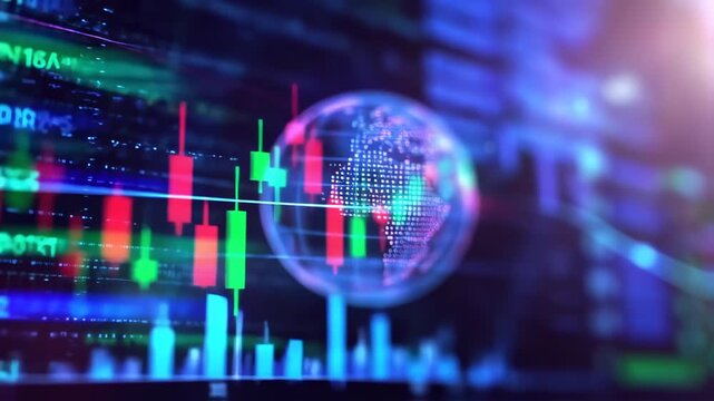 Global stock market data with candlestick charts and Earth hologram display