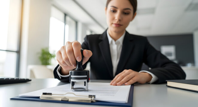 Professional woman stamping a document for official approval at her desk