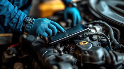 Mechanic uses tablet to diagnose car engine