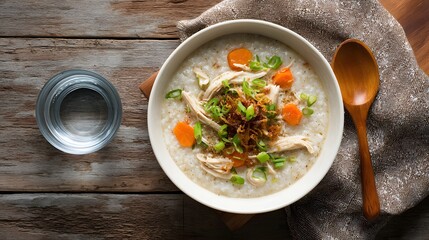 Bowl of chicken congee with vegetables and fried shallots on rustic table.