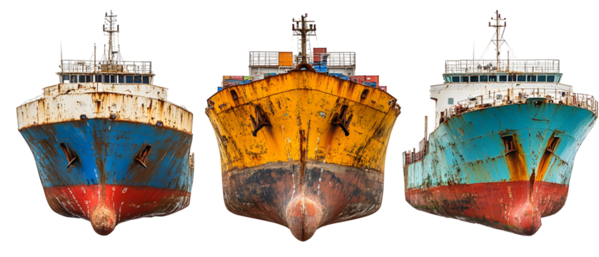 Three Big Cargo Ships With Different Colors On Transparent Background