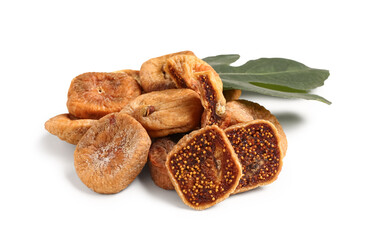 Sweet dried figs and leaf on white background