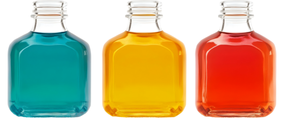 Three Colorful Bottles Containing Teal Yellow And Red Liquids Against Transparent Background