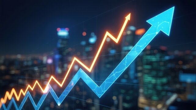 Illuminated Graph Lines Rising Over Cityscape Showing Positive Market Trends