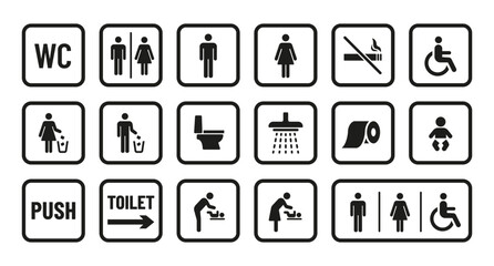 Collection of restroom and hygiene icons including WC, shower, toilet, diaper change, and accessible signs in minimalist black style on white background. Vector illustrations set