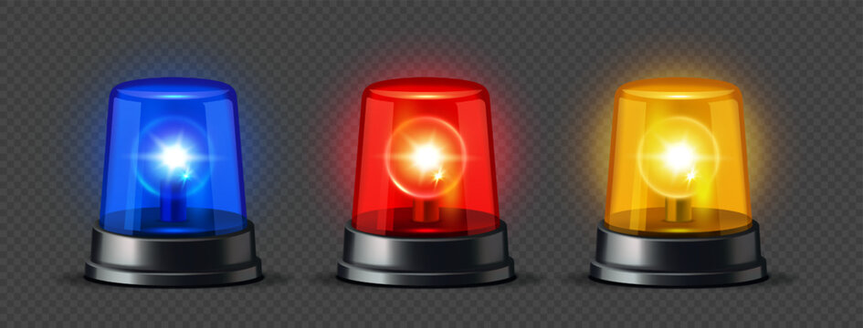 Three colorful emergency sirens in blue, red, and yellow glowing on a transparent checkered background, representing alert or danger signals. Vector illustration