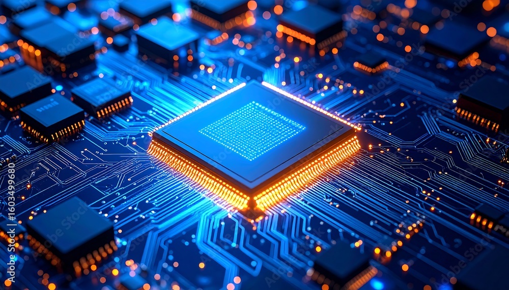 Fototapete close-up of a computer circuit board with a central processor