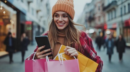 Obraz premium Smiling young woman shopper customer standing on city street holding shopping bags and smartphone. Sale ecommerce app. Consumerism, black Friday. Online shopping.