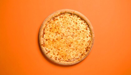 A cheesy pizza on an orange background