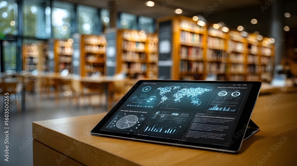 Poster tablet computer displaying data visualizations in a library setting.