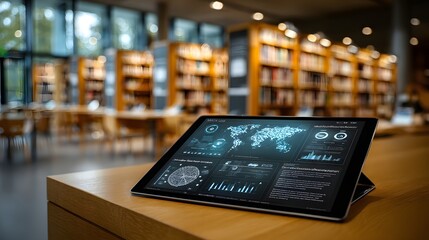 Tablet computer displaying data visualizations in a library setting.