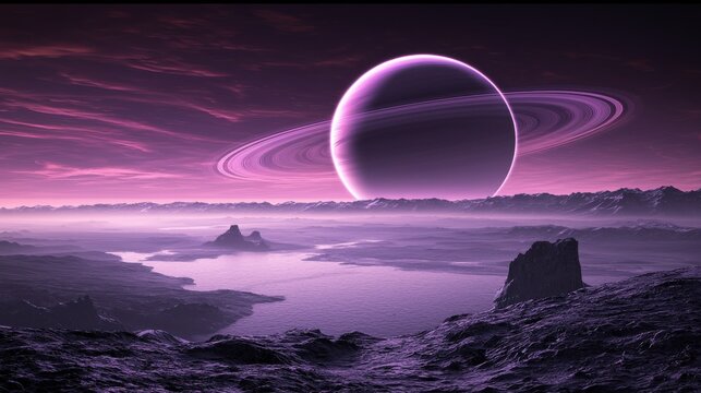 Pixel Art Alien Planet Landscape with Ringed Planet and Purple Sky