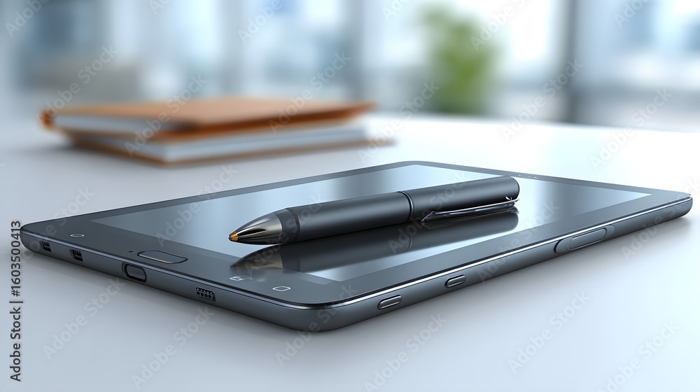 Aufkleber modern tablet computer with stylus on a table.
