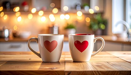 Obraz premium Two mugs with hearts on a kitchen table