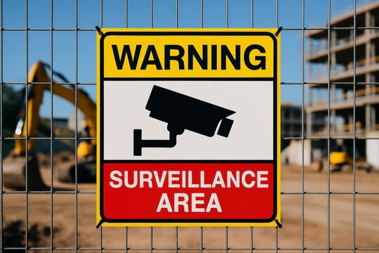 Warning surveillance area sign at construction site protects against theft and vandalism risks