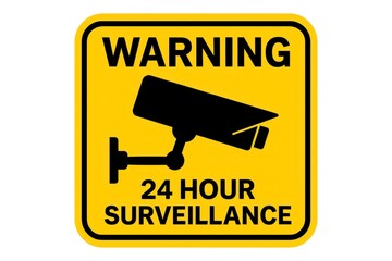 Warning notice for enhanced security featuring 24 hour surveillance cameras in bright yellow